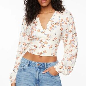 Dynamite Floral Wrap Crop Top - Cream and Orange